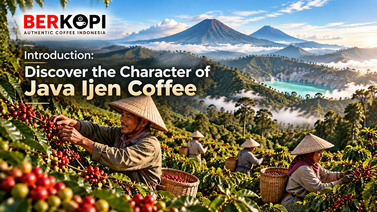 Coffee farmers harvesting ripe coffee cherries in the Java Ijen highlands of East Java, Indonesia